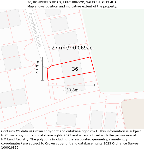 36, PONDFIELD ROAD, LATCHBROOK, SALTASH, PL12 4UA: Plot and title map