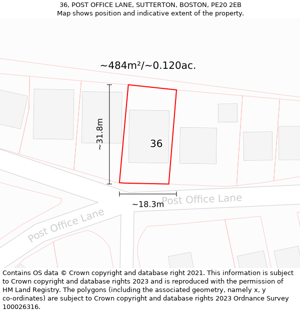 36, POST OFFICE LANE, SUTTERTON, BOSTON, PE20 2EB: Plot and title map