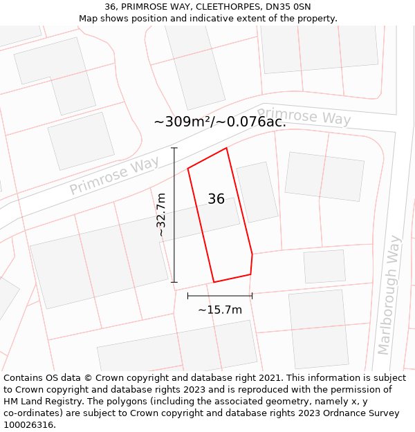 36, PRIMROSE WAY, CLEETHORPES, DN35 0SN: Plot and title map