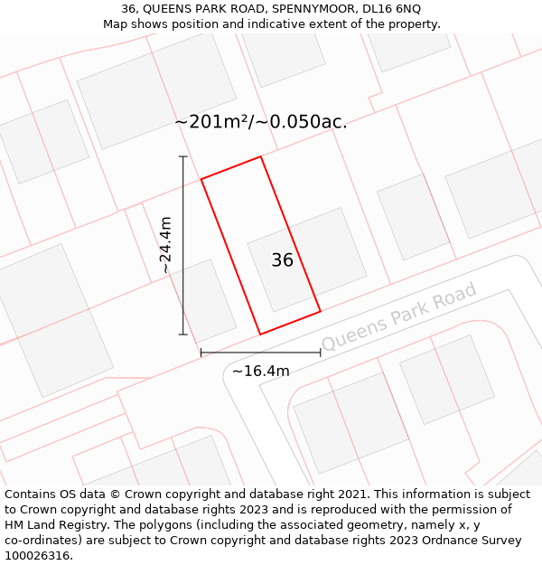 36, QUEENS PARK ROAD, SPENNYMOOR, DL16 6NQ: Plot and title map