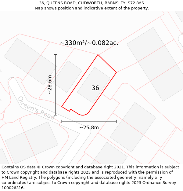 36, QUEENS ROAD, CUDWORTH, BARNSLEY, S72 8AS: Plot and title map