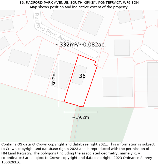 36, RADFORD PARK AVENUE, SOUTH KIRKBY, PONTEFRACT, WF9 3DN: Plot and title map