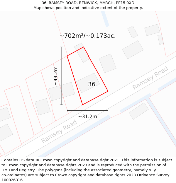 36, RAMSEY ROAD, BENWICK, MARCH, PE15 0XD: Plot and title map