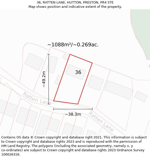 36, RATTEN LANE, HUTTON, PRESTON, PR4 5TE: Plot and title map