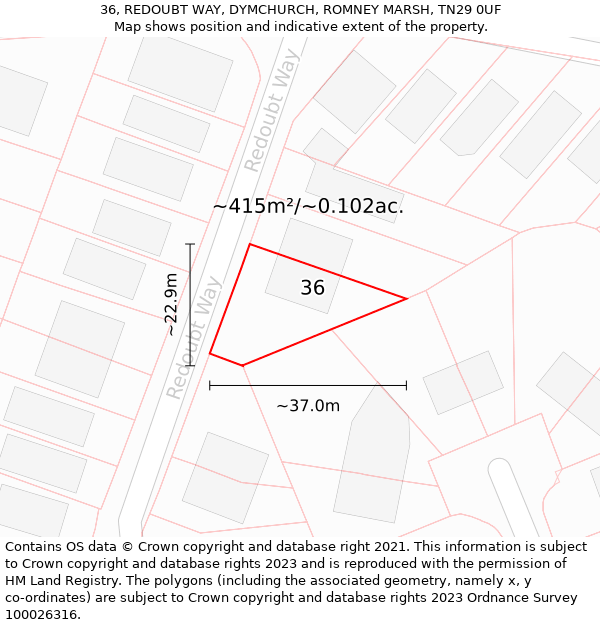 36, REDOUBT WAY, DYMCHURCH, ROMNEY MARSH, TN29 0UF: Plot and title map