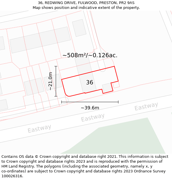 36, REDWING DRIVE, FULWOOD, PRESTON, PR2 9AS: Plot and title map