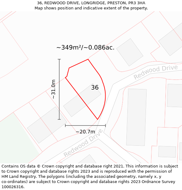 36, REDWOOD DRIVE, LONGRIDGE, PRESTON, PR3 3HA: Plot and title map