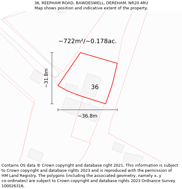 36, REEPHAM ROAD, BAWDESWELL, DEREHAM, NR20 4RU: Plot and title map