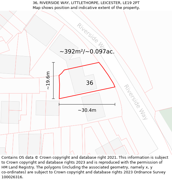 36, RIVERSIDE WAY, LITTLETHORPE, LEICESTER, LE19 2PT: Plot and title map