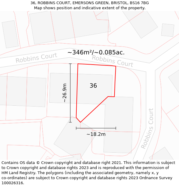 36, ROBBINS COURT, EMERSONS GREEN, BRISTOL, BS16 7BG: Plot and title map