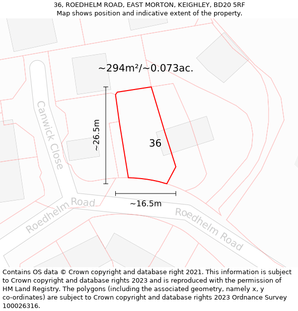 36, ROEDHELM ROAD, EAST MORTON, KEIGHLEY, BD20 5RF: Plot and title map