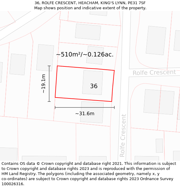 36, ROLFE CRESCENT, HEACHAM, KING'S LYNN, PE31 7SF: Plot and title map