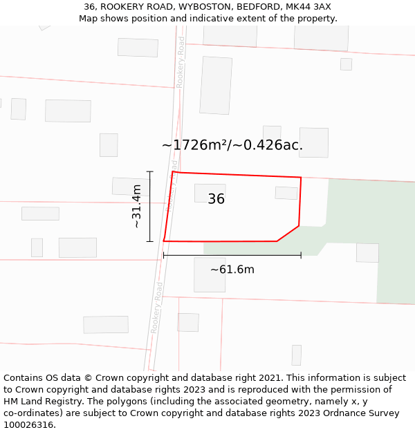 36, ROOKERY ROAD, WYBOSTON, BEDFORD, MK44 3AX: Plot and title map