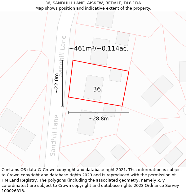 36, SANDHILL LANE, AISKEW, BEDALE, DL8 1DA: Plot and title map