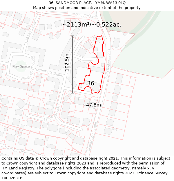 36, SANDMOOR PLACE, LYMM, WA13 0LQ: Plot and title map