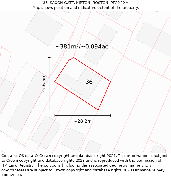 36, SAXON GATE, KIRTON, BOSTON, PE20 1XA: Plot and title map