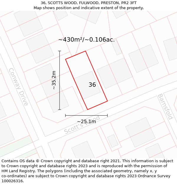 36, SCOTTS WOOD, FULWOOD, PRESTON, PR2 3FT: Plot and title map