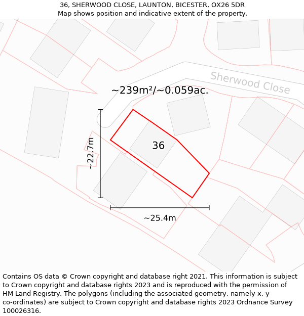 36, SHERWOOD CLOSE, LAUNTON, BICESTER, OX26 5DR: Plot and title map