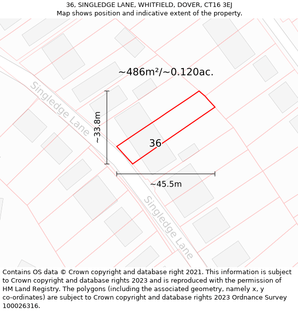 36, SINGLEDGE LANE, WHITFIELD, DOVER, CT16 3EJ: Plot and title map