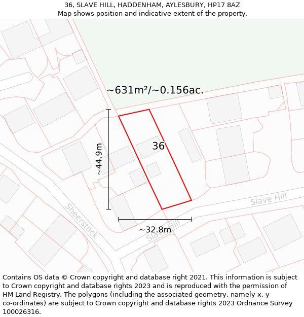 36, SLAVE HILL, HADDENHAM, AYLESBURY, HP17 8AZ: Plot and title map