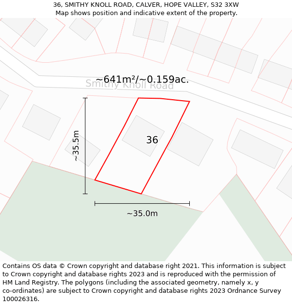 36, SMITHY KNOLL ROAD, CALVER, HOPE VALLEY, S32 3XW: Plot and title map