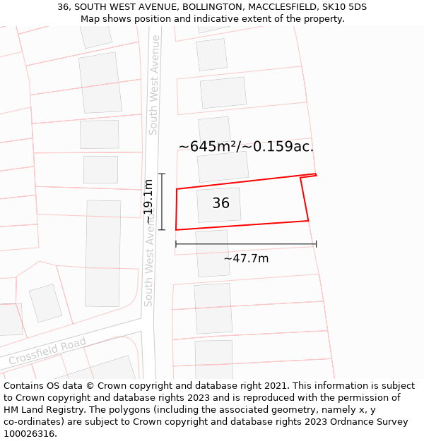 36, SOUTH WEST AVENUE, BOLLINGTON, MACCLESFIELD, SK10 5DS: Plot and title map