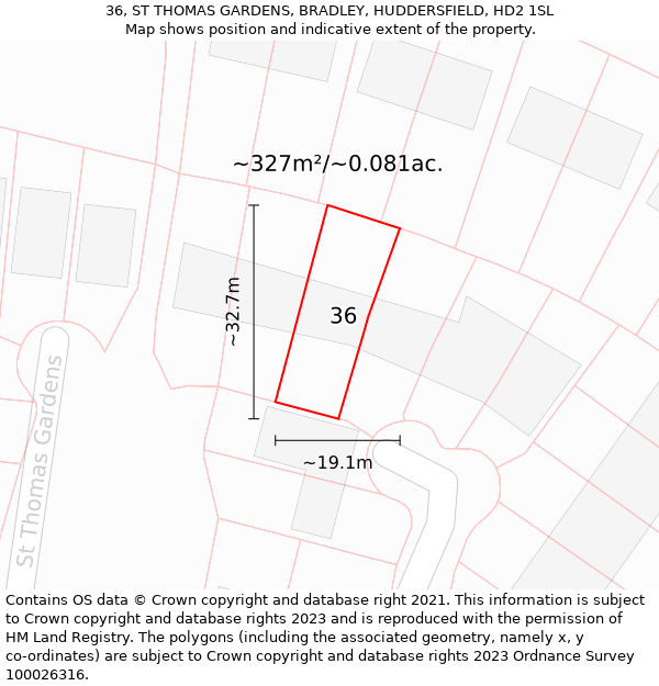 36, ST THOMAS GARDENS, BRADLEY, HUDDERSFIELD, HD2 1SL: Plot and title map