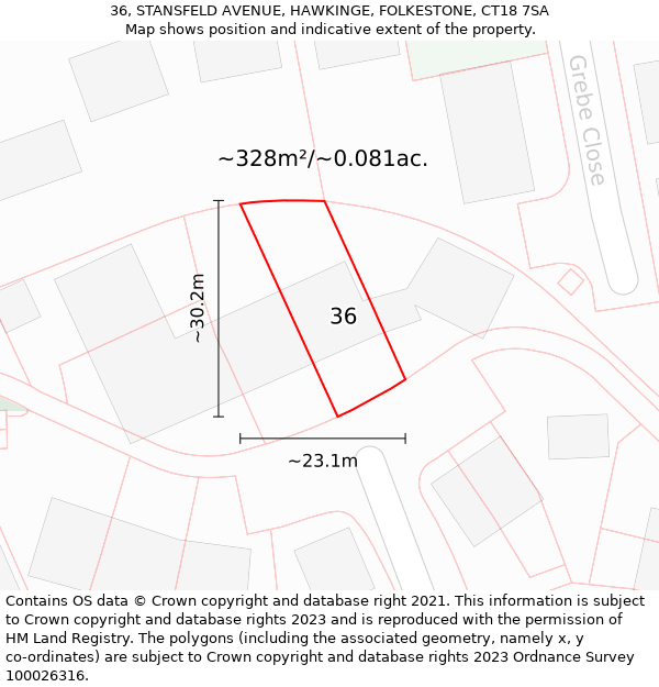 36, STANSFELD AVENUE, HAWKINGE, FOLKESTONE, CT18 7SA: Plot and title map