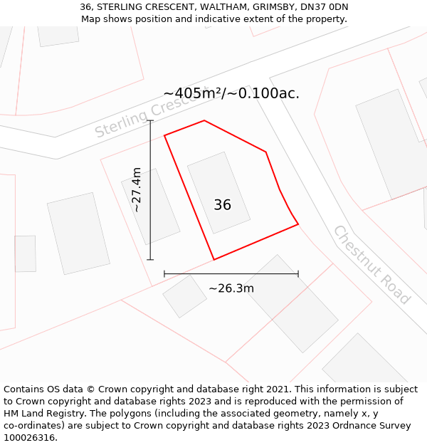 36, STERLING CRESCENT, WALTHAM, GRIMSBY, DN37 0DN: Plot and title map