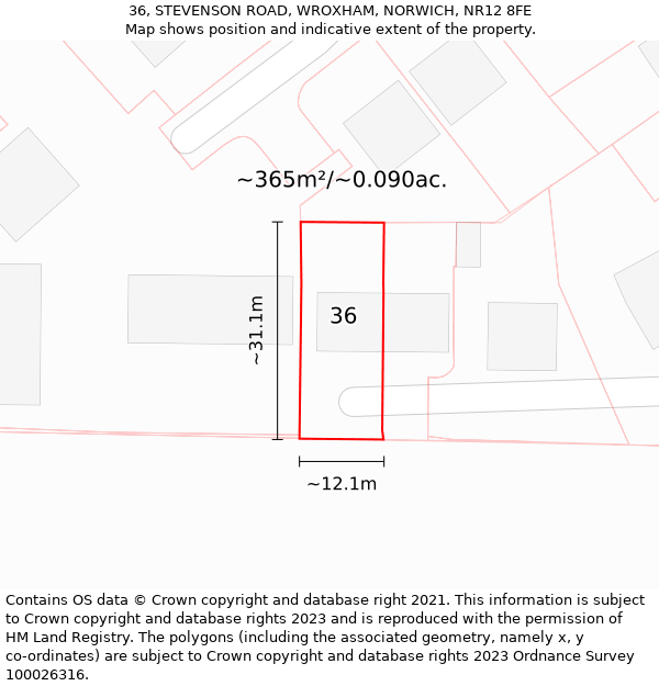 36, STEVENSON ROAD, WROXHAM, NORWICH, NR12 8FE: Plot and title map