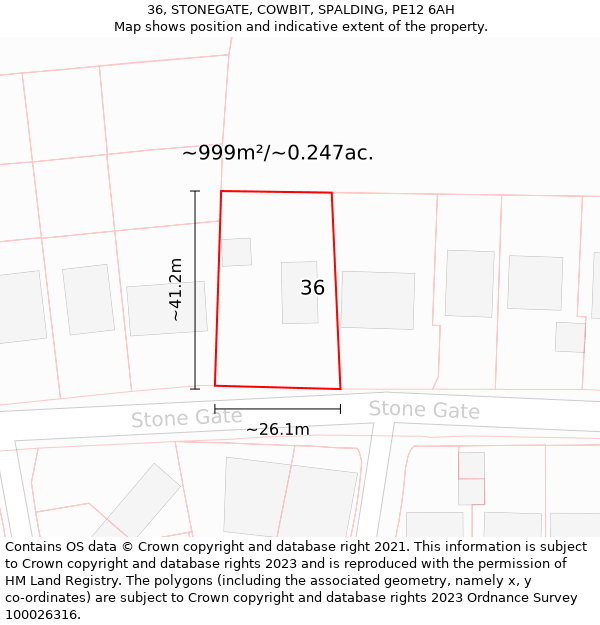 36, STONEGATE, COWBIT, SPALDING, PE12 6AH: Plot and title map