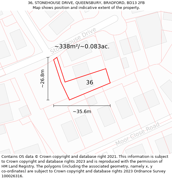 36, STONEHOUSE DRIVE, QUEENSBURY, BRADFORD, BD13 2FB: Plot and title map