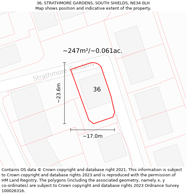 36, STRATHMORE GARDENS, SOUTH SHIELDS, NE34 0LH: Plot and title map