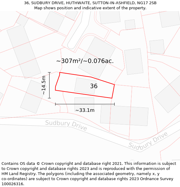 36, SUDBURY DRIVE, HUTHWAITE, SUTTON-IN-ASHFIELD, NG17 2SB: Plot and title map