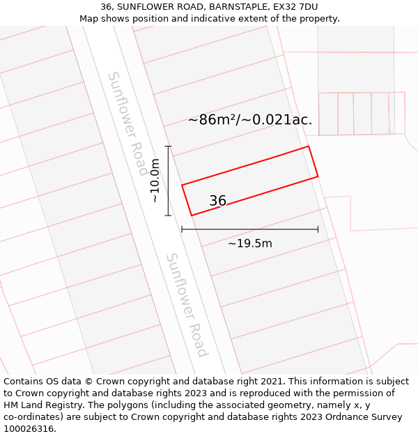 36, SUNFLOWER ROAD, BARNSTAPLE, EX32 7DU: Plot and title map