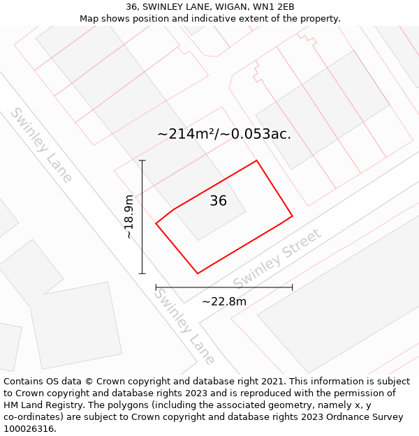 36, SWINLEY LANE, WIGAN, WN1 2EB: Plot and title map