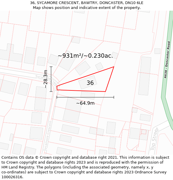 36, SYCAMORE CRESCENT, BAWTRY, DONCASTER, DN10 6LE: Plot and title map