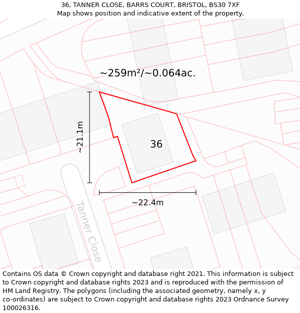 36, TANNER CLOSE, BARRS COURT, BRISTOL, BS30 7XF: Plot and title map