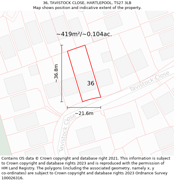 36, TAVISTOCK CLOSE, HARTLEPOOL, TS27 3LB: Plot and title map