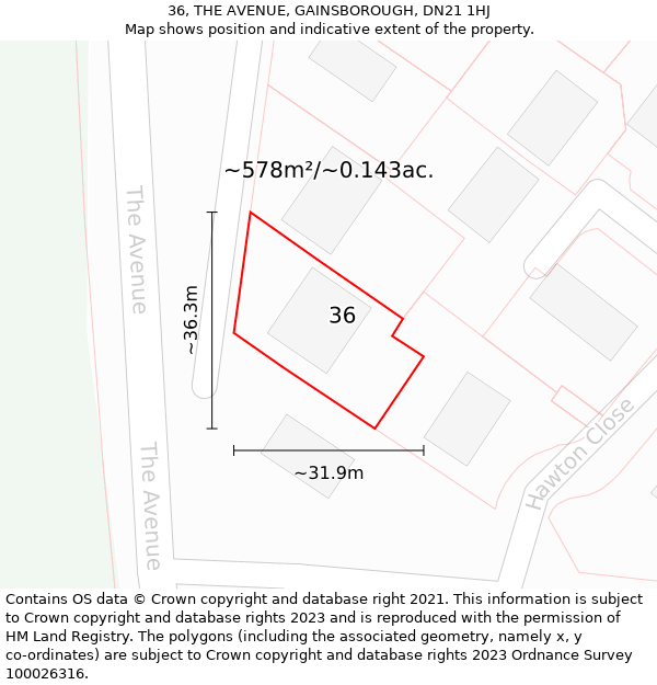 36, THE AVENUE, GAINSBOROUGH, DN21 1HJ: Plot and title map