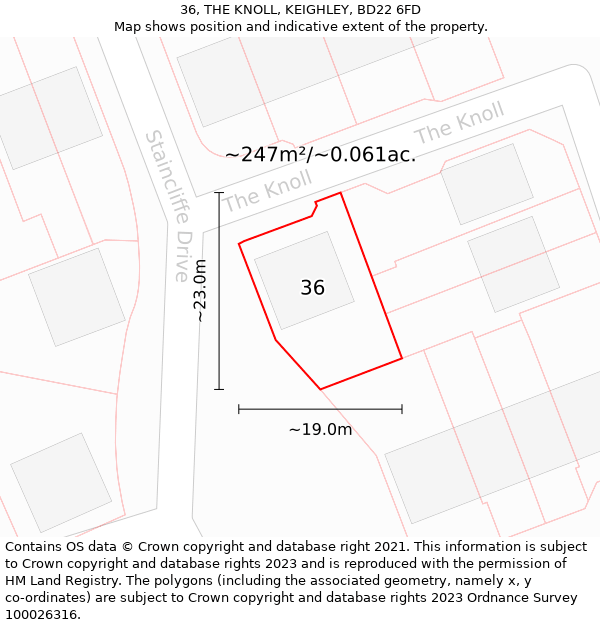 36, THE KNOLL, KEIGHLEY, BD22 6FD: Plot and title map