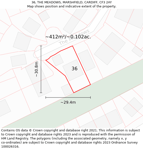 36, THE MEADOWS, MARSHFIELD, CARDIFF, CF3 2AY: Plot and title map