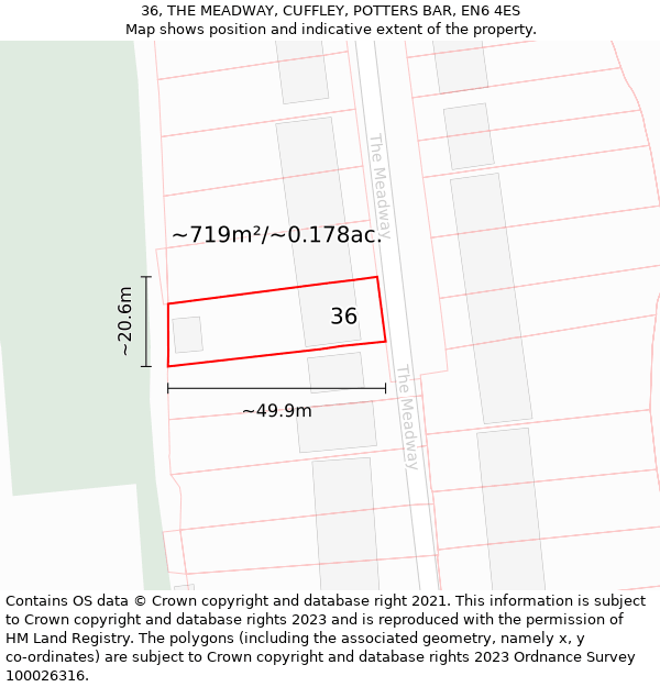 36, THE MEADWAY, CUFFLEY, POTTERS BAR, EN6 4ES: Plot and title map