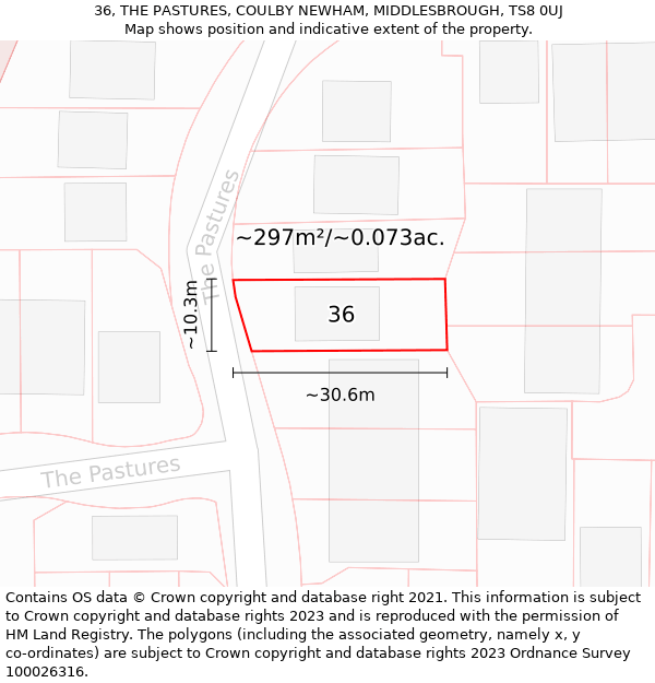 36, THE PASTURES, COULBY NEWHAM, MIDDLESBROUGH, TS8 0UJ: Plot and title map