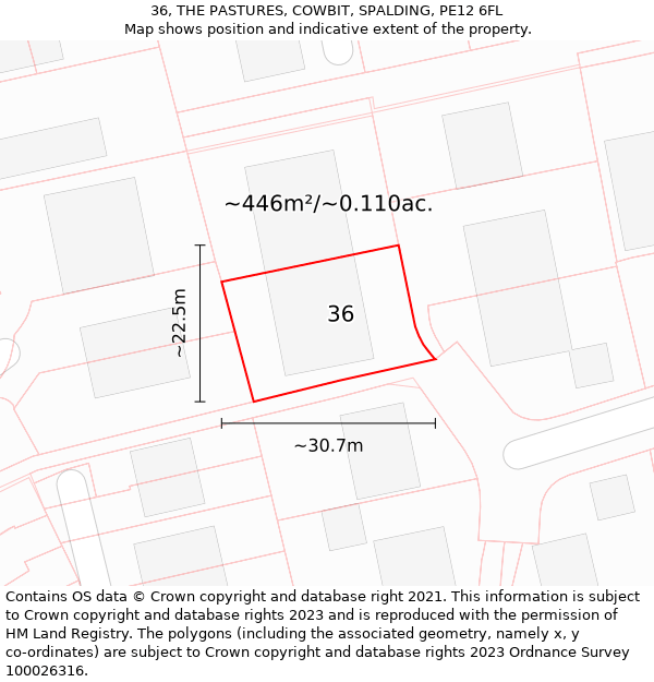 36, THE PASTURES, COWBIT, SPALDING, PE12 6FL: Plot and title map