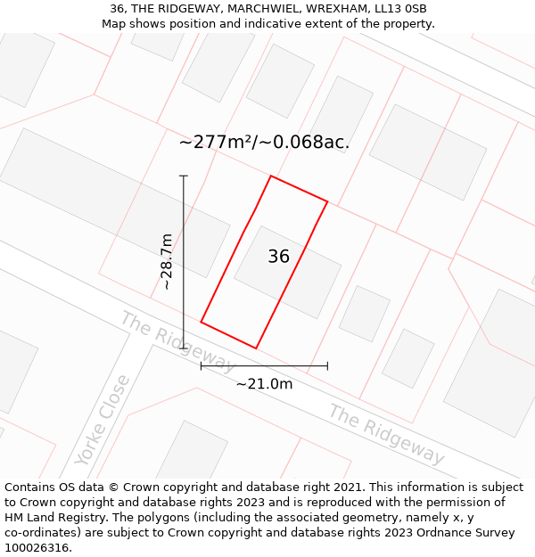 36, THE RIDGEWAY, MARCHWIEL, WREXHAM, LL13 0SB: Plot and title map