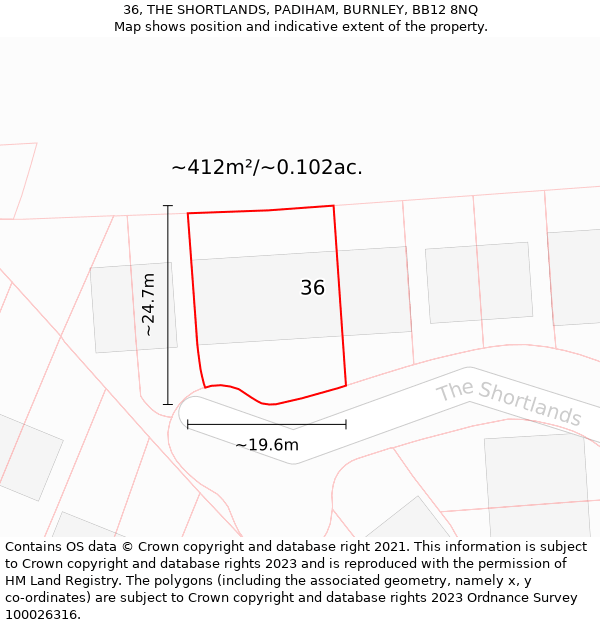 36, THE SHORTLANDS, PADIHAM, BURNLEY, BB12 8NQ: Plot and title map