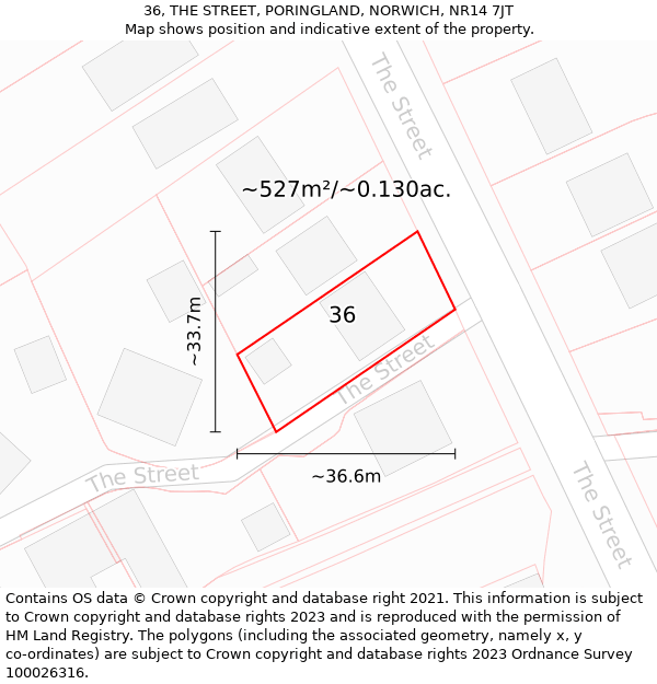 36, THE STREET, PORINGLAND, NORWICH, NR14 7JT: Plot and title map