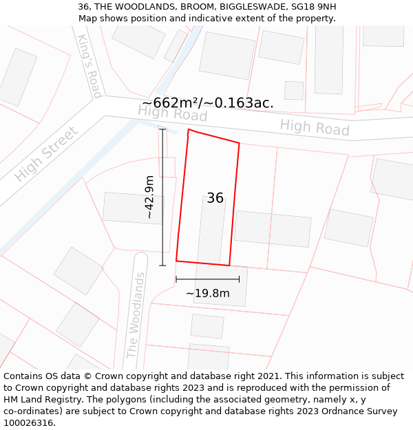 36, THE WOODLANDS, BROOM, BIGGLESWADE, SG18 9NH: Plot and title map