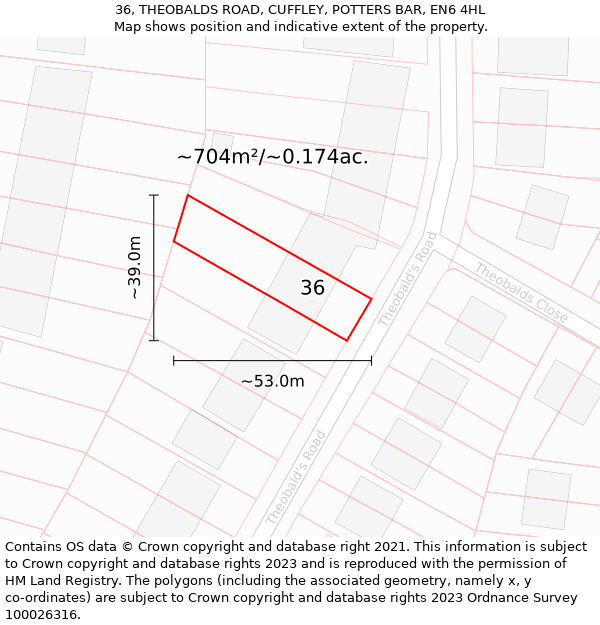 36, THEOBALDS ROAD, CUFFLEY, POTTERS BAR, EN6 4HL: Plot and title map